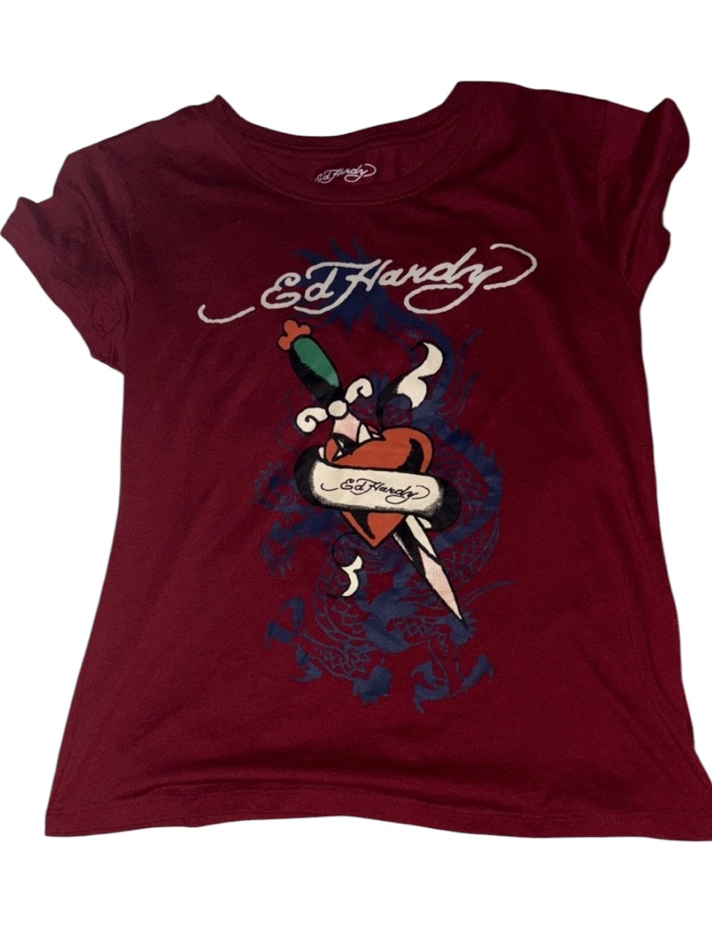 Ed Hardy Red Heart Dagger Dragon Tattoo Graphic Tee Shirt Y2K Inspired Juniors L